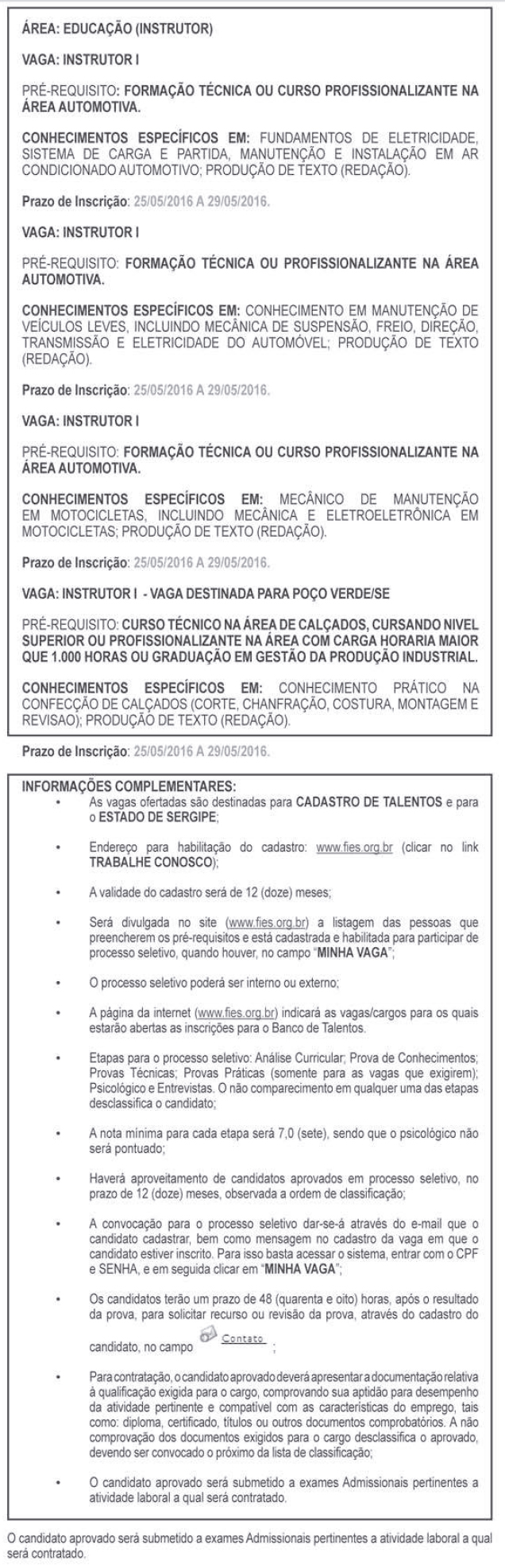 Quadro de vagas disponíveis
