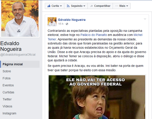 Postagem na página oficail do face do prefeito