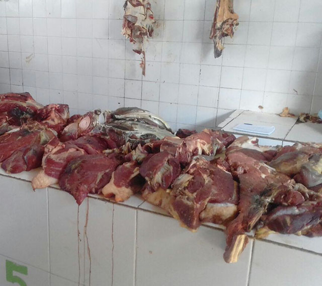 Nas bancas, carnes já apresentavam situação imprópria para o consumo humano (Foto: redes sociais)
