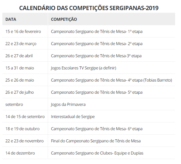 Calendário oficial para 2019